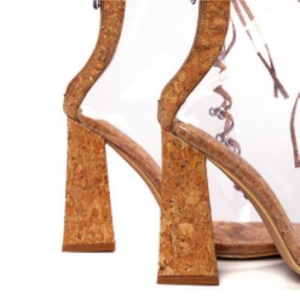 Clear Chunky Heel Peep Toe Lace Up Booties in Cork - Picture 3 of 6